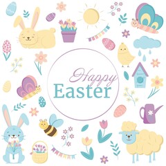 Greeting card Happy Easter text with Easter design elements, cartoon characters and floral elements. Bunny, chicken, sheep, eggs and flowers. Vector illustration.