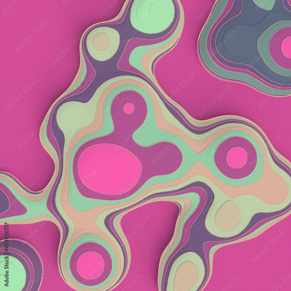 Poster Abstract striped metaball with multicolored texture. Digital illustration. 3d rendering. Design element