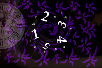 Numbers and time on a purple background, numerology

