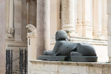 Deurstickers Historic architecture on town square Peristil in Split, Croatia with ancient sphinx and statues of stone lions © amilat