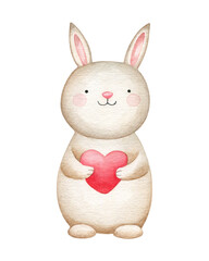 Cute watercolor white rabbit with red heart. Happy Valentine's Day card.