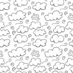 Black outline doodle clouds seamless pattern with swirls.