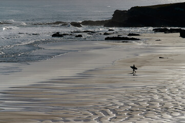 lone surfer walking towards the water with his surfboard on an empty beach at low tide