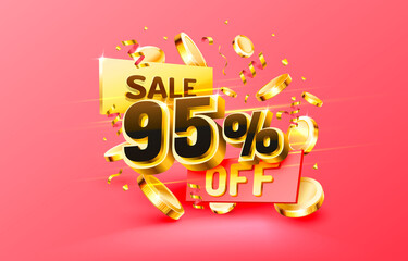 95 Off. Discount creative composition. 3d sale symbol with decorative objects, golden confetti, podium and gift box. Sale banner and poster. Vector