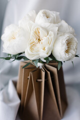 bride holding a bouquet of flowers in a rustic style, wedding bouquet. Soft focus