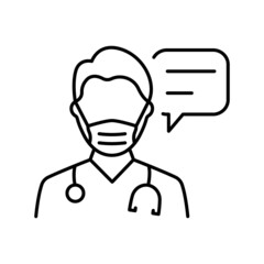 Doctor in Mask with Speech Bubble Consultation Concept Line Icon. Physician Talking Linear Pictogram. Healthcare Chat Outline Icon. Medic Conversation. Editable Stroke. Isolated Vector Illustration