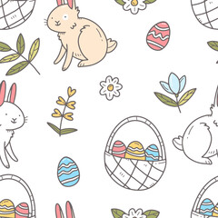 Spring Easter seamless patter with rabbits and Easter eggs and baskets in cartoon doodle style. Illustration background.