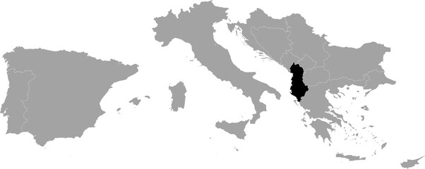Black Map of Albania within the gray map of South Europe