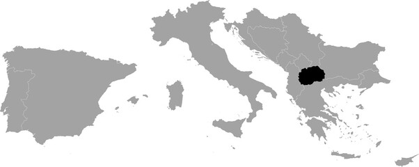 Black Map of North Macedonia within the gray map of South Europe