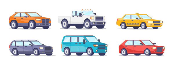 Plakat Collection different modern and retro automobile isometric vector illustration. Set of motor transportation service and personal passenger carrying isolated. SUV, taxi, car, auto, van travel moving