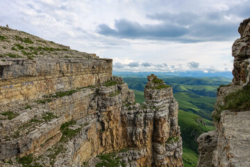 View of Elbrus and the Bermamyt plateau in the Karachay-Cherkess Republic, Russia. The Caucasus Mountains.