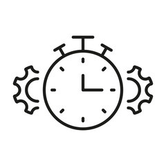 Gear and Clock Line Icon. Cog Wheel and Watch Time Deadline, Settings, Control Efficiency Concept Linear Pictogram. Optimization Process Outline Icon. Editable Stroke. Isolated Vector Illustration