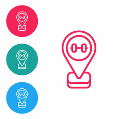 Fototapeta premium Red line Location gym icon isolated on white background. Set icons in circle buttons. Vector