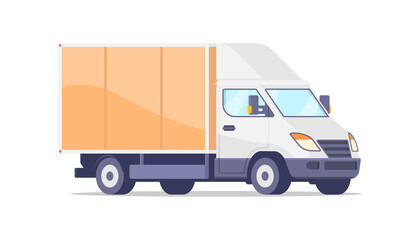Yellow and white van commercial delivery truck isometric vector illustration. Cargo freight lorry goods shipping service isolated. Business vehicle with container for comfortable express transporting