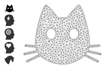 Vector cat head mesh icon model. Abstract 2d mesh cat head, created from flat mesh. Mesh wireframe cat head icon image in lowpoly style with connected lines and similar objects.