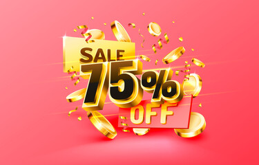 75 Off. Discount creative composition. 3d sale symbol with decorative objects, golden confetti, podium and gift box. Sale banner and poster. Vector
