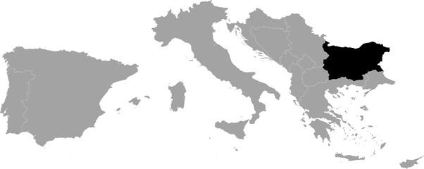 Black Map of Bulgaria within the gray map of South Europe