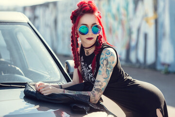 Portrait of young woman with piercings and tattoos against graffiti wall. - 483929154