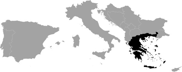 Black Map of Greece within the gray map of South Europe