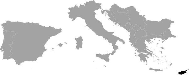 Fototapeta na wymiar Black Map of Cyprus within the gray map of South Europe