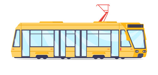 Modern ecology electric tram city passengers transportation isometric vector illustration. Railway urban vehicle train carriage commuter town travel moving isolated. Yellow railroad tramway