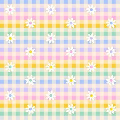White Daisy Flower Rainbow Pastel Gingham Patterns Background Editable Stroke. Vector Illustration Tablecloth, Picnic mat wrap paper.	
