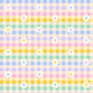 White Daisy Flower Rainbow Pastel Gingham Patterns Background Editable Stroke. Vector Illustration Tablecloth, Picnic mat wrap paper.	