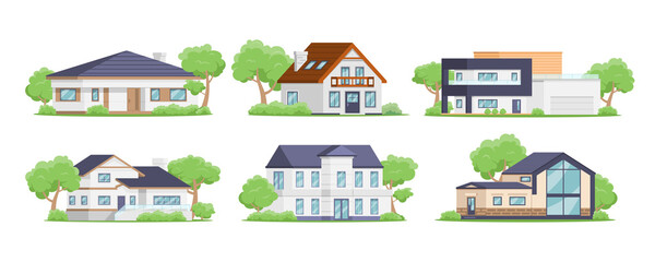 Countryside houses exterior street neighborhood collection isometric vector illustration. Suburban luxury cottage residential building facades with garden yard summer plants area, balcony, garage