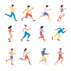 Fototapeta na wymiar Running athletes characters. Outdoor training, runner people. Isolated athletic person, marathon jogging cartoon men and women. Funny characters in sportswear, recent vector set