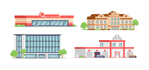 Modern municipal building facade service collection isometric vector illustration. Set customers maintenance city architecture exterior supermarket, school college university, office, car renovation