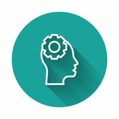 White line Human head with gear inside icon isolated with long shadow background. Artificial intelligence. Thinking brain. Symbol work of brain. Green circle button. Vector