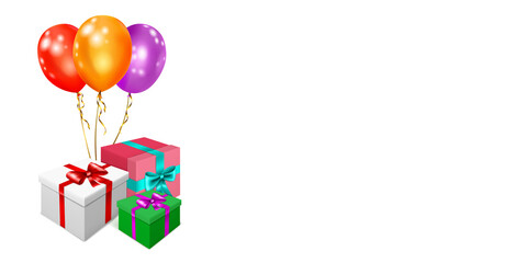 Vector illustration with bunch of colored gift boxes with ribbons and bows and multicolor balloons on white background