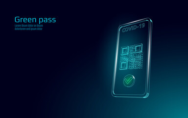 COVID-19 Green Pass QR-code 3D concept. Phone app screen health passport mobile app certificate. Safe travel coronavirus immunization poster vector illustration