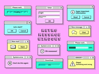 Retro message windows. Pc vintage hipster mail cloud, 1990s technology messages interface elements. Trendy old computer browser tidy template vector kit