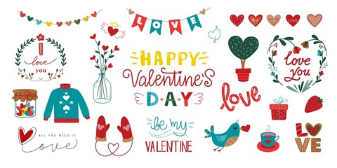 Valentines day stickers. Girly valentine, love in jar and cup. Fun hears, garlands scrapbook elements. Journal or diary sticker pack, romantic vector for classy planner