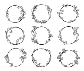 Round frames with flower. Floral vintage circle frame, laurel logo for invitation. Elegant decorative wreath, botanical hand drawn neoteric vector design
