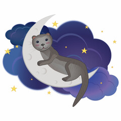 cute otter sleeping on the moon children illustration for print bed linen clothes postcard linens

