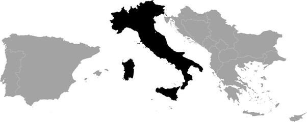 Black Map of Italy within the gray map of South Europe