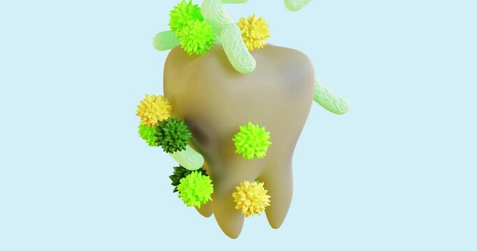 3d animation of tooth enamel protection in stages. The attack of bacteria, dirt, sticking to the tooth. hi-fi mesh surrounds the painter caries, treatment, restoration, whitening, lightening getting r