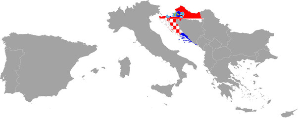 Map of Croatia with national flag within the gray map of South Europe