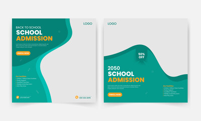 Set of back to school admission open social media post or  web banner template or squire flyer design, editable vector 
