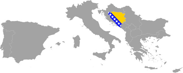 Map of Bosnia and Herzegovina with national flag within the gray map of South Europe