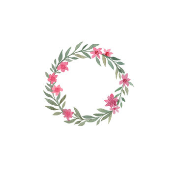 Round frame with flowers. Green leaves with flowers frame. wreath of flowers.