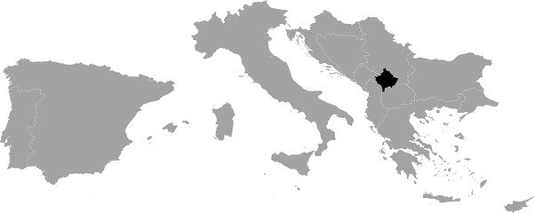 Fototapeta na wymiar Black Map of Kosovo within the gray map of South Europe