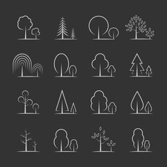 Trees and forests vector icon set on a dark background.
