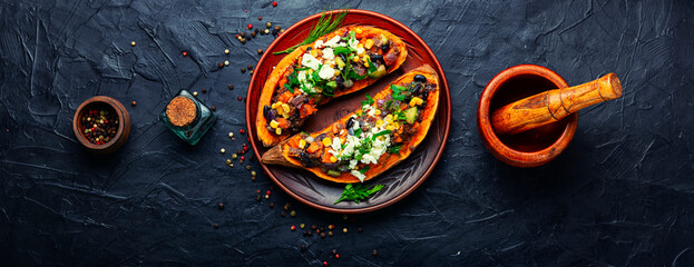 Sweet potato or yam baked with vegetables.