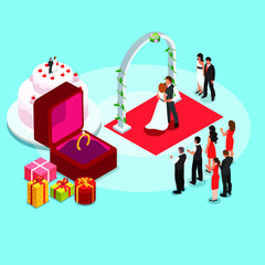 Wedding party with ring, cake, and gifts isometric 3d vector concept for banner, website, illustration, landing page, flyer, etc.