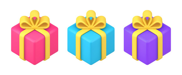Bright festive squared wrapped gift boxes decorated by tied bow ribbon collection 3d icon template