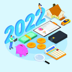 Financial goal in 2022 isometric 3d vector concept for banner, website, illustration, landing page, flyer, etc.