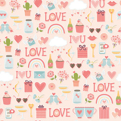 Love, romance, Valentines Day, Wedding, Romance, rainbows, gifts, seamless vector pattern, background, wallpaper, textiles, giftware